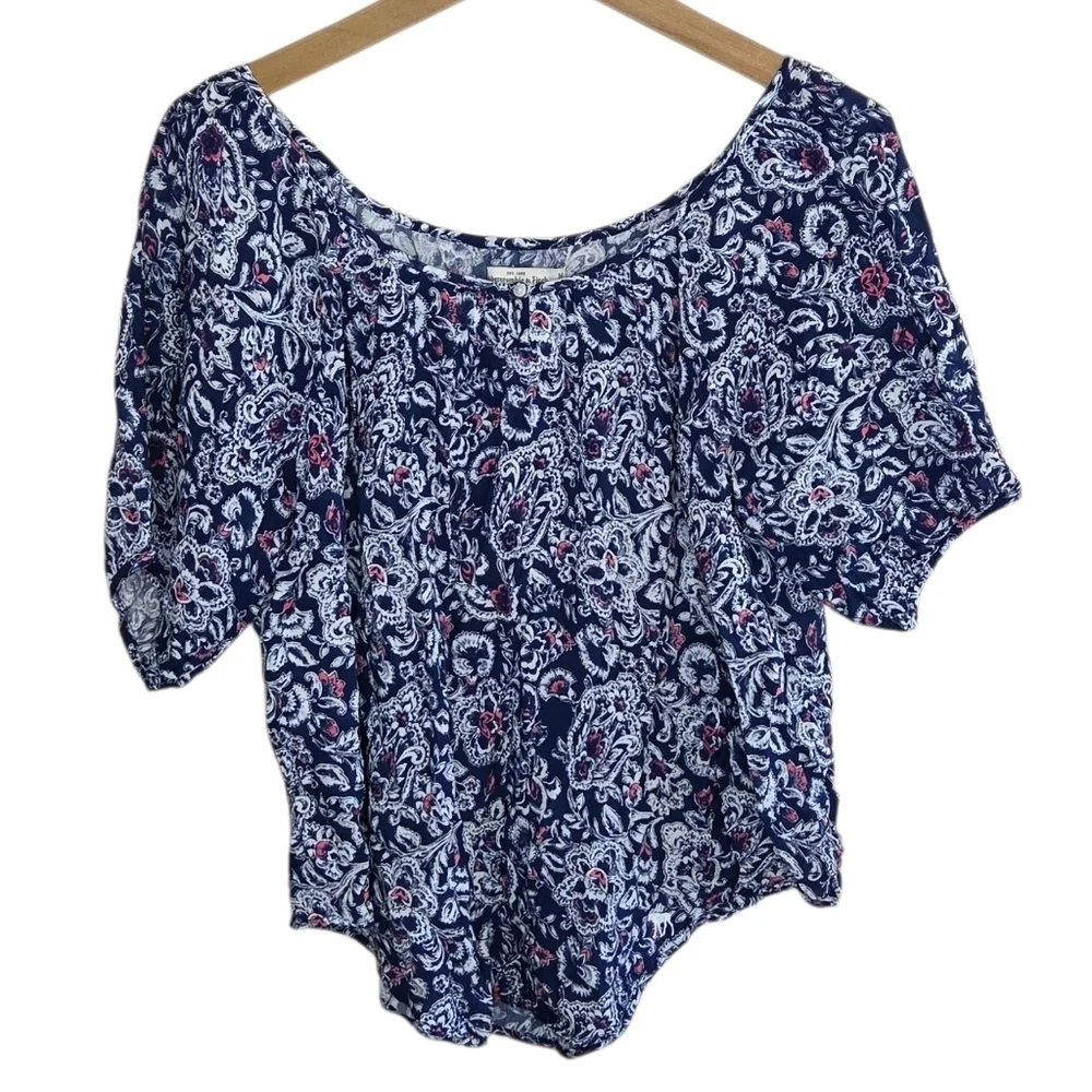 Abercrombie & Fitch | Navy White Pink Print Boho Puff Sleeve Top Round Hem